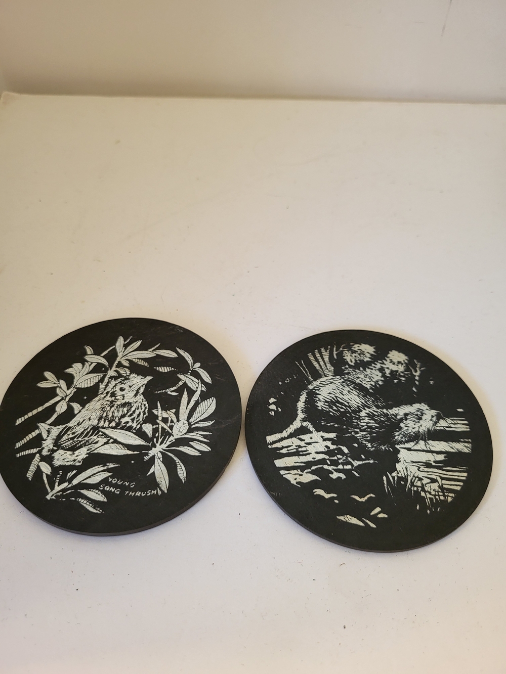 Vintage Llechwedd Wales Slate Coasters Set of 2 Song Thrush Otter 3.25"